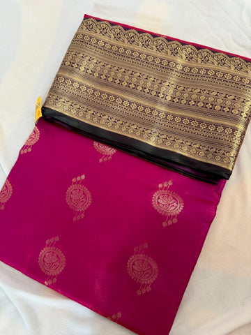 Vibrant Pink Silk Saree with Black & Gold Zari Border