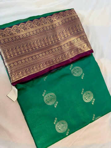 Elegant Emerald Green Silk Saree with Maroon & Gold Zari Border