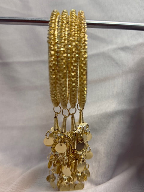 Elegant Gold-Tone Textured Bangles Set with Dangle Charms