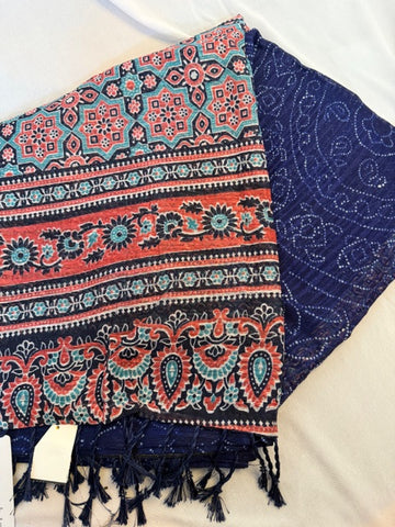 Teal & Coral Patterned Scarf with Navy Base