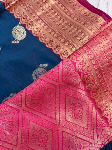 Royal Blue Silk Saree with Pink & Gold Zari Border