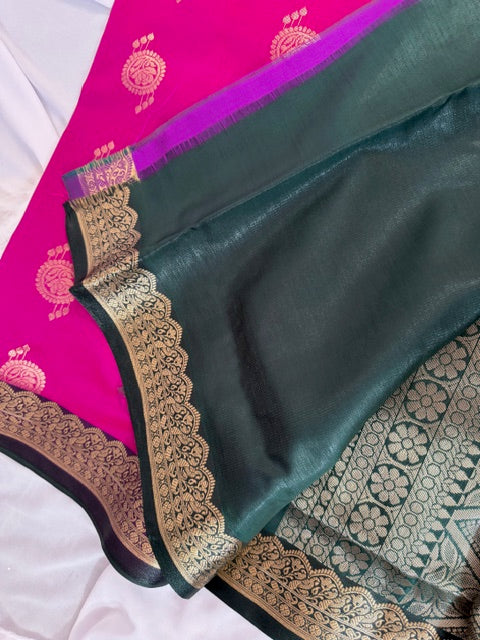 Vibrant Pink Silk Saree with Black & Gold Zari Border