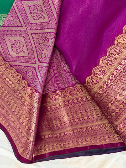 Elegant Emerald Green Silk Saree with Maroon & Gold Zari Border