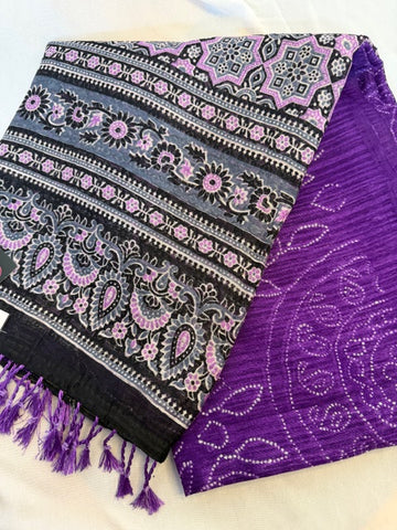 Grey & Lavender Printed Scarf with Purple Base